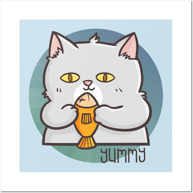 Funny Cute Fat Cat Holding a Fish Wall Art by Jocularity Art